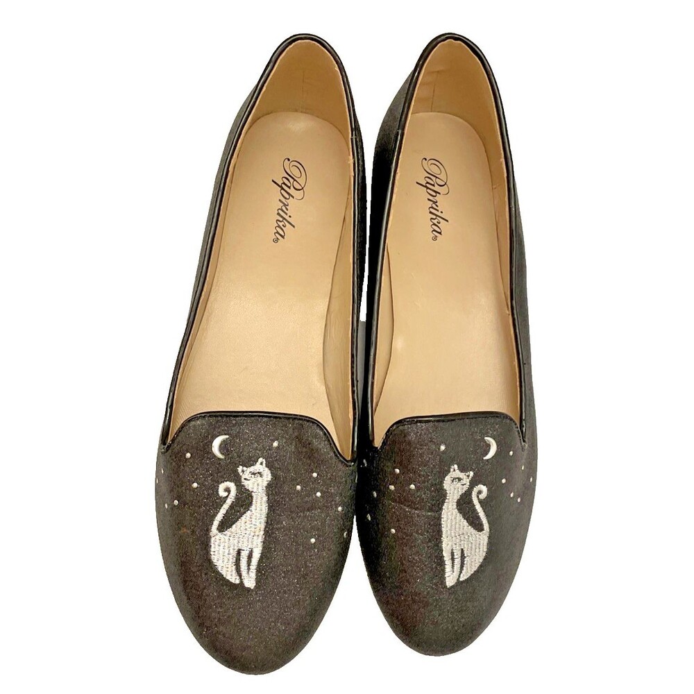 Black Glitter Women's Size 11 Flat Slip On Shoes w/ Cat and Moon Paprika